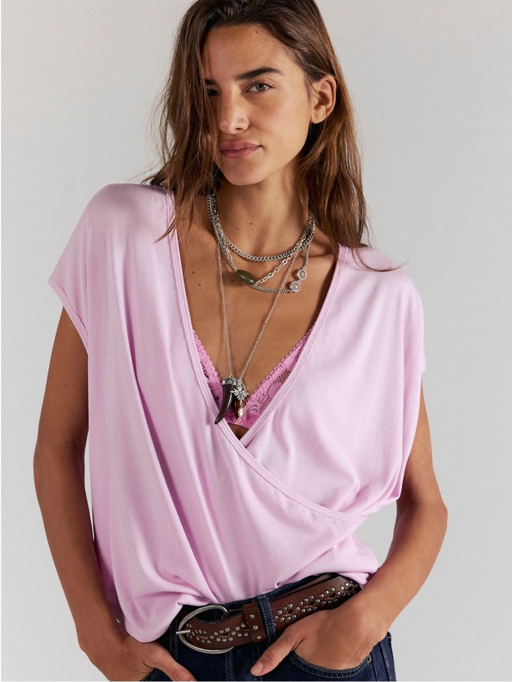 FP WE THE FREE Wrap Me Up Tee Pink Knit Faux Wrap Top XL Surplice NWT